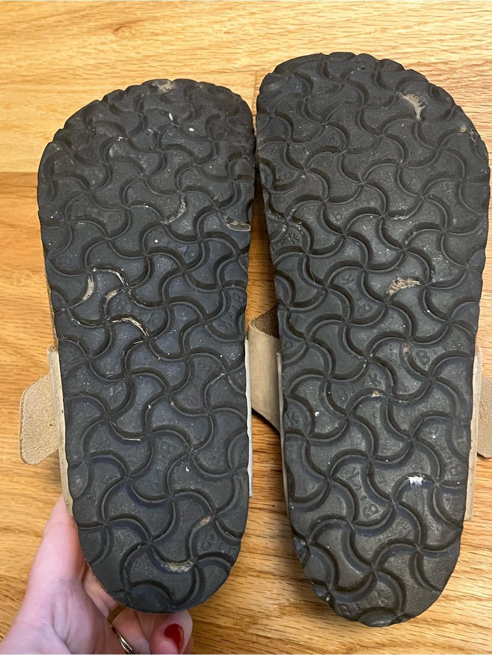 Birkenstock Suede Thong Sandals in Taupe with Gold Buckles - Picture 3 of 3